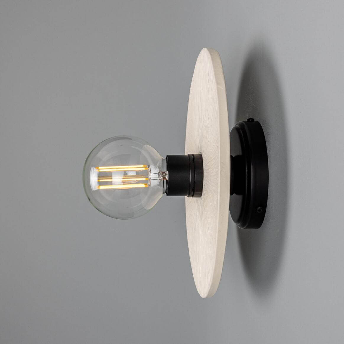 Mullan - Bog Oak Organic Ceramic Disc Wall Light Matte White Striped 28cm IP20 - Powder Coated Matte Black Finish