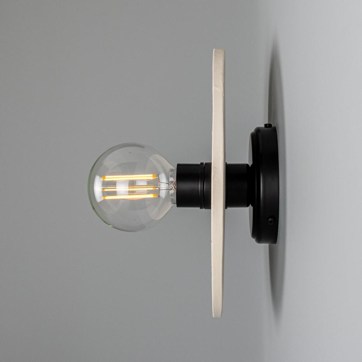 Mullan - Bog Oak Organic Ceramic Disc Wall Light Matte White Striped 28cm IP20 - Powder Coated Matte Black Finish