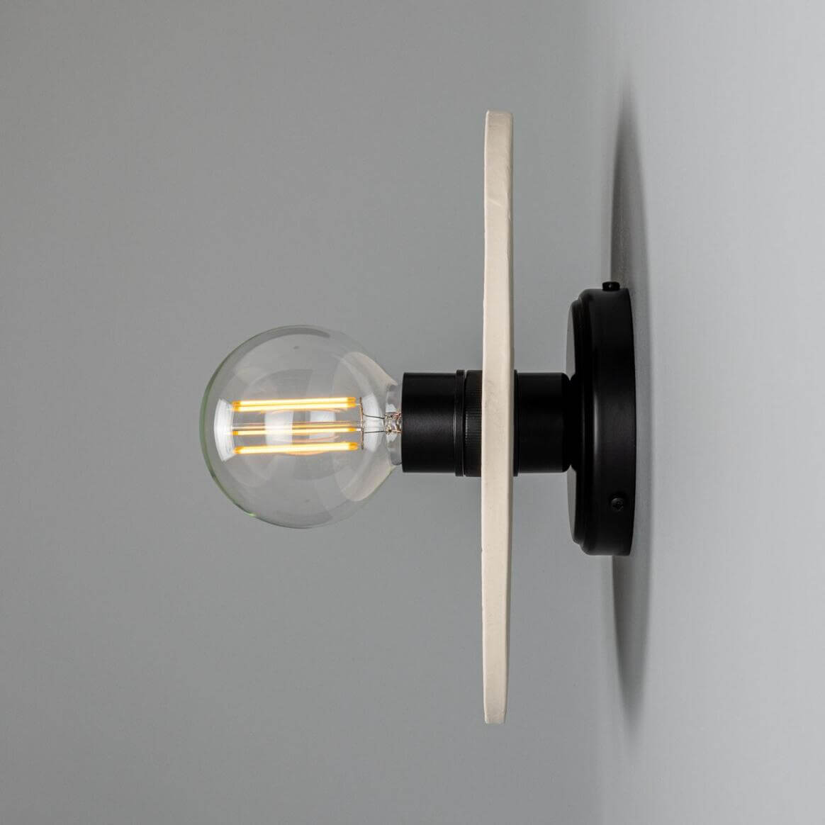Mullan - Bog Oak Organic Ceramic Disc Wall Light Matte White Striped 28cm IP20 - Powder Coated Matte Black Finish