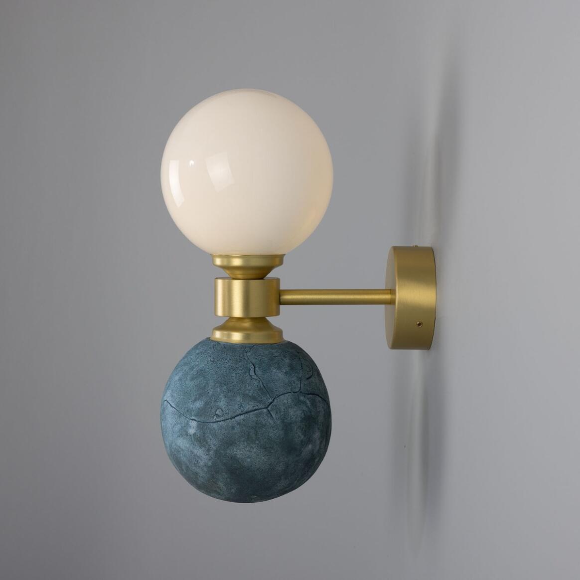 Mullan - Kobe Ceramic and Glass Globe Wall Light Blue Earth 34cm IP20 - Satin Brass Finish