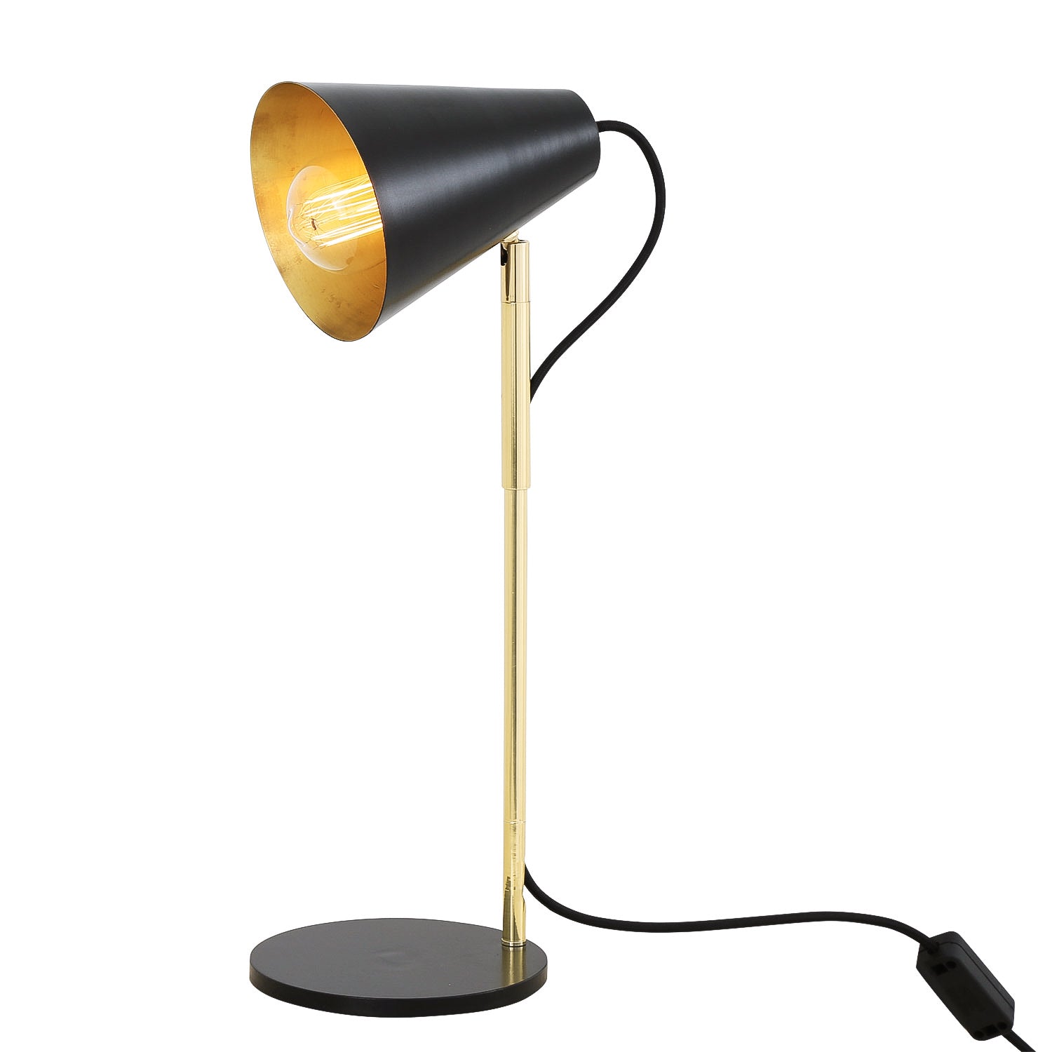 Mullan Lusaka Modern Adjustable Table Lamp with Cone Shade - Powder Coated Matte Black & Polished Brass Stem Finish