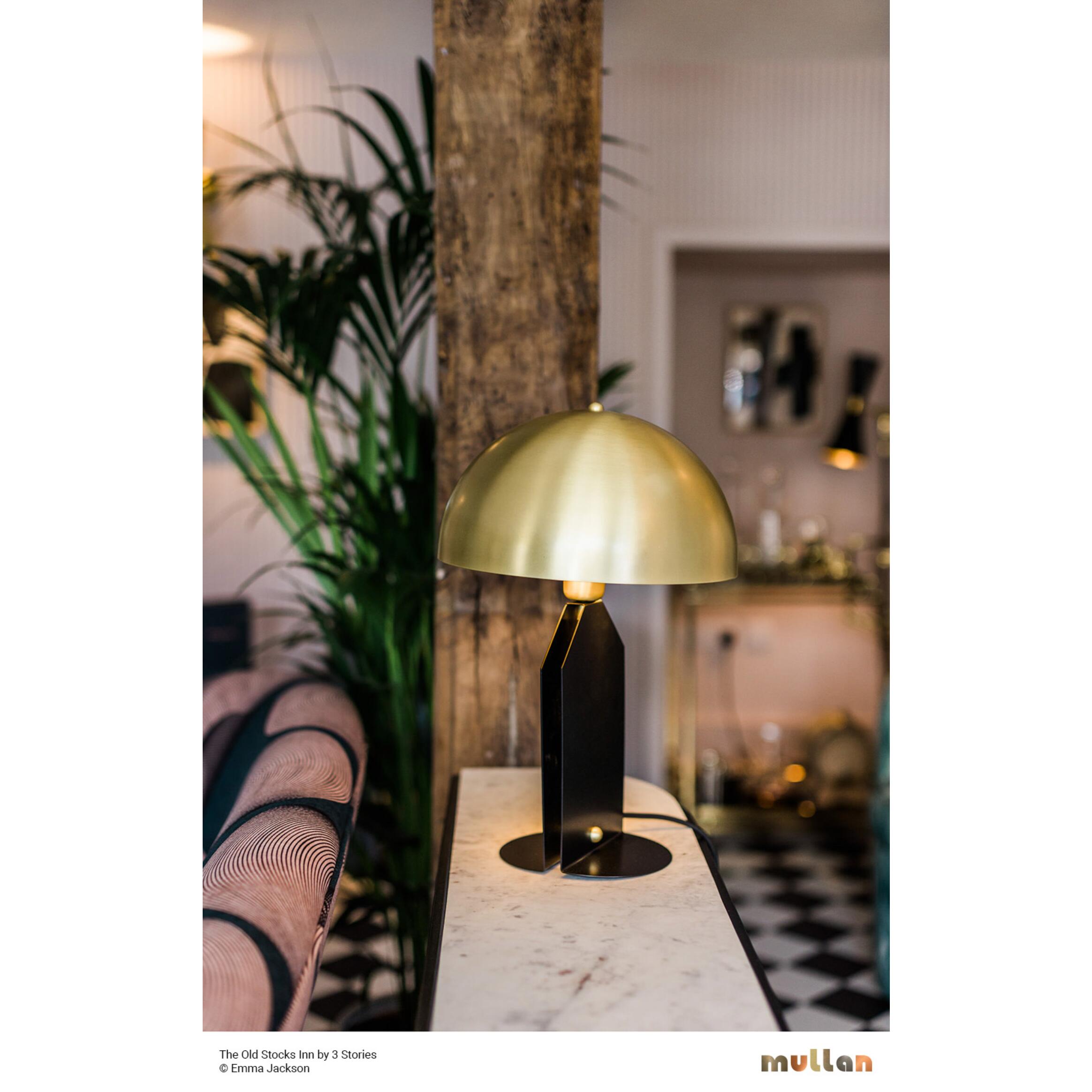 Mullan Pencil Brass Dome Table Lamp on Metal Stand - Satin Brass & Powder Coated Matte Black Finish