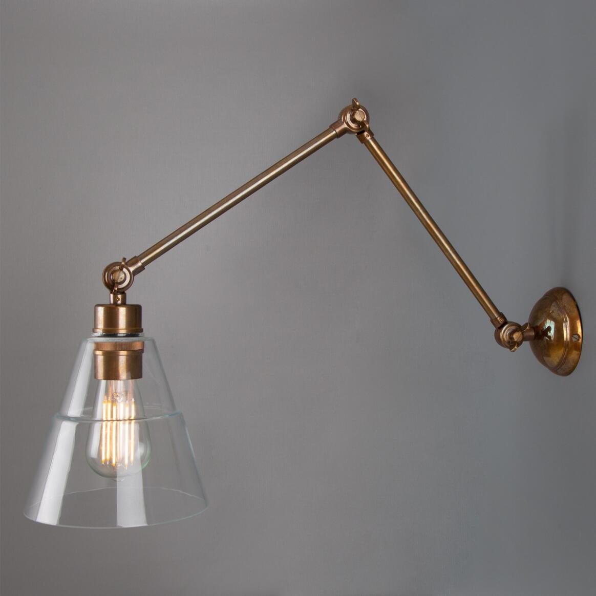 Mullan - Lyx Clear Glass Cone Adjustable Arm Wall Light - Antique Brass Finish