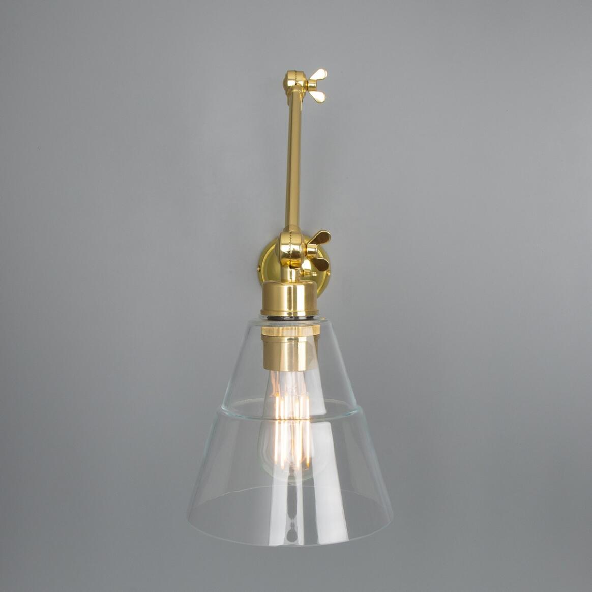 Mullan - Lyx Clear Glass Cone Adjustable Arm Wall Light - Polished Brass Finish