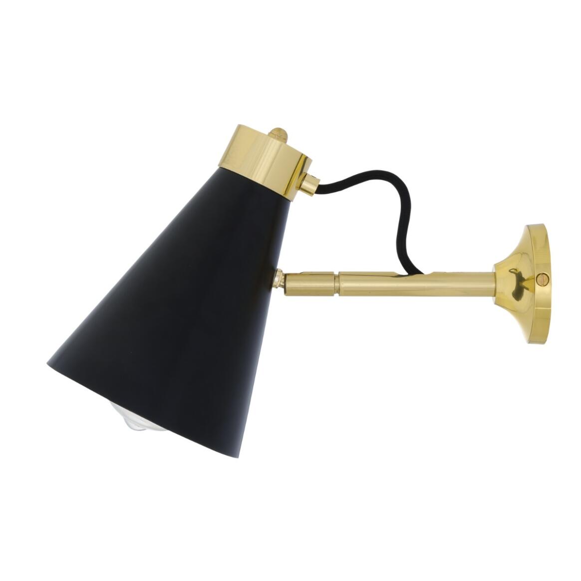 Mullan - Preston Brass Wall Light With Adjustable Cone Shade 19cm IP20 - Powder Coated Matte Black Polished Brass Finish