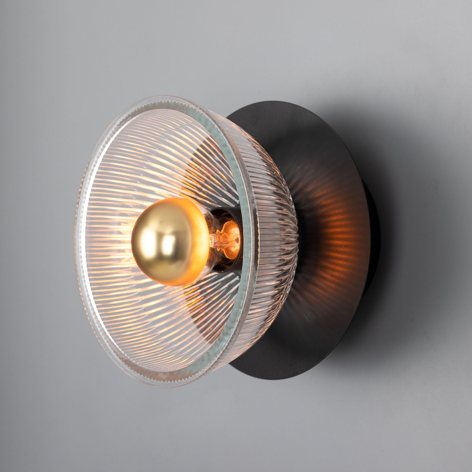 Mullan - Eclipse Prismatic Brass Glass Dish Wall Light 20cm IP20 - Powder Coated Matte Black Finish