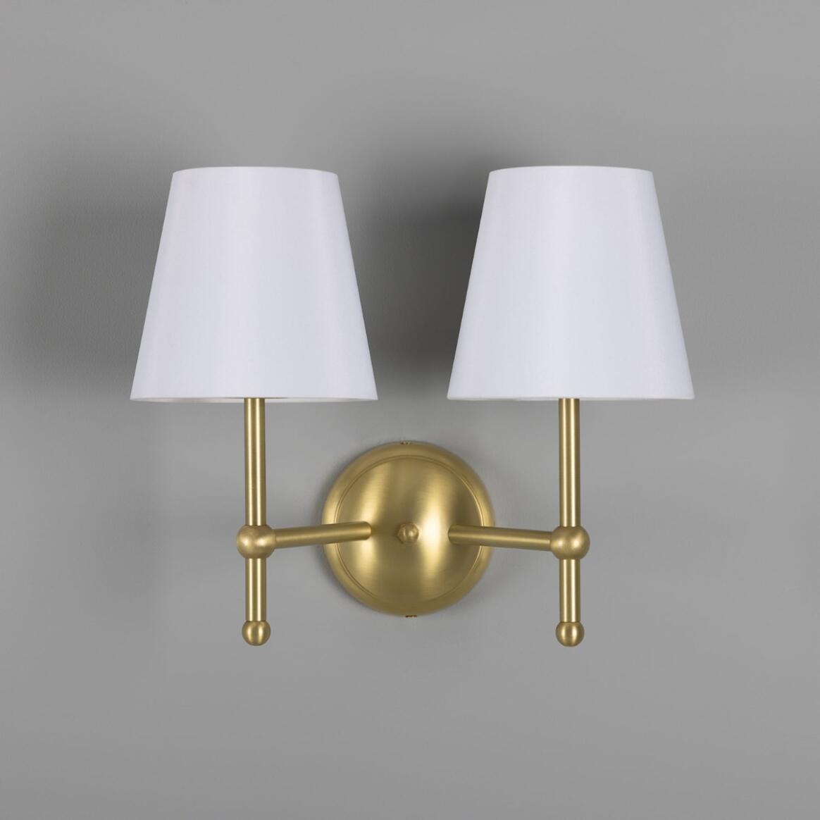 Mullan - Bursa Modern Brass Double Wall Light with Fabric Shades 34cm IP20 - Satin Brass Finish