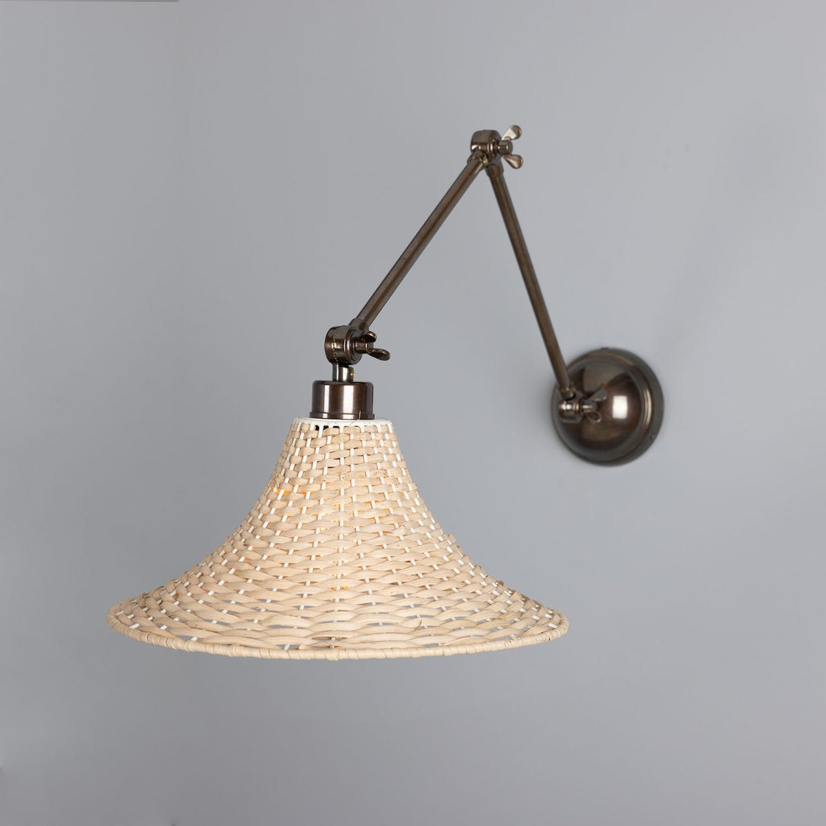 Mullan - Savannah Adjustable Arm Wall Light with Large Bell Shaped Rattan Shade 34.5cm IP20 - Antique Brass Finish