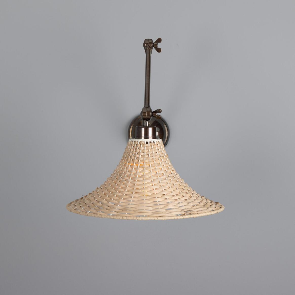 Mullan - Savannah Adjustable Arm Wall Light with Large Bell Shaped Rattan Shade 34.5cm IP20 - Antique Brass Finish