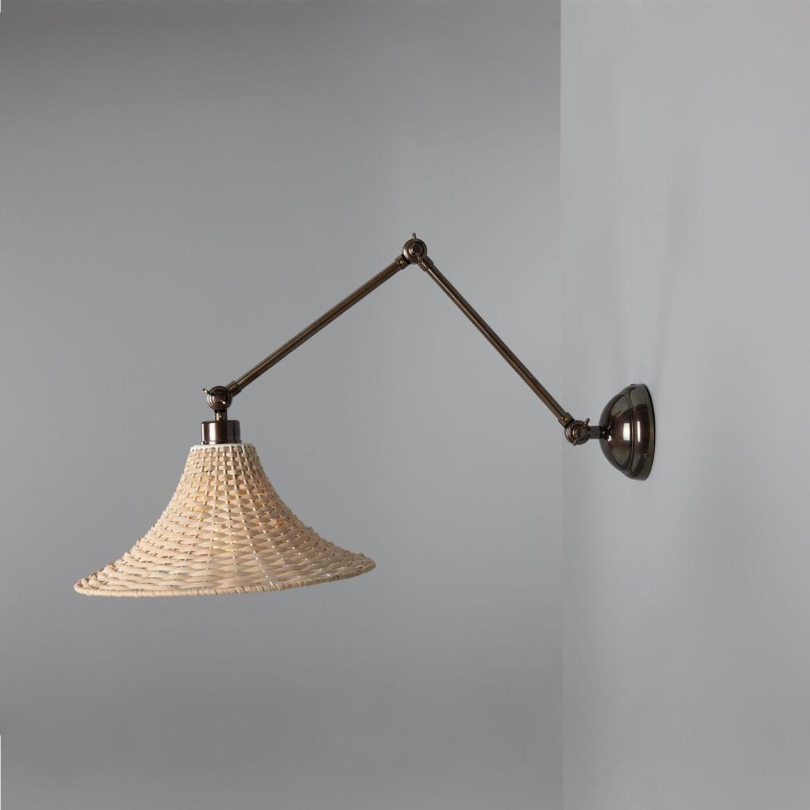 Mullan - Savannah Adjustable Arm Wall Light with Large Bell Shaped Rattan Shade 34.5cm IP20 - Antique Brass Finish