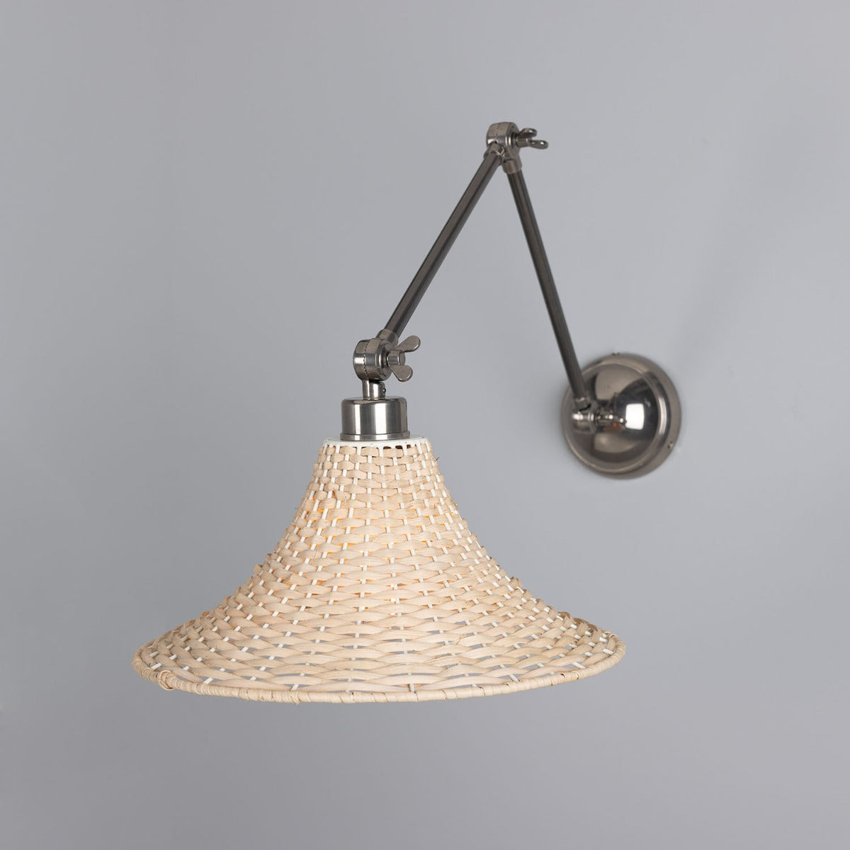 Mullan - Savannah Adjustable Arm Wall Light with Large Bell Shaped Rattan Shade 34.5cm IP20 - Antique Silver Finish