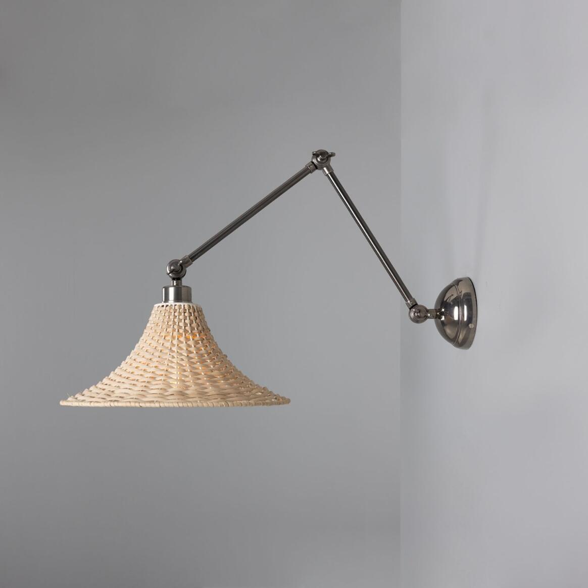 Mullan - Savannah Adjustable Arm Wall Light with Large Bell Shaped Rattan Shade 34.5cm IP20 - Antique Silver Finish