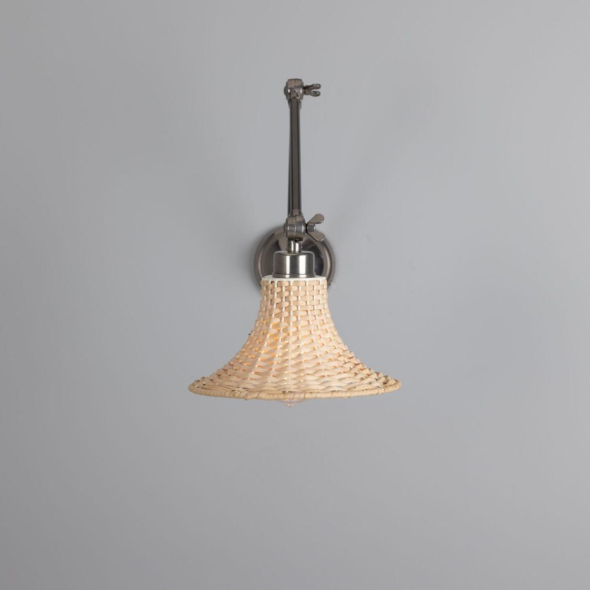 Mullan - Savannah Adjustable Arm Wall Light with Small Bell Shaped Rattan Shade 24cm IP20 - Antique Silver Finish