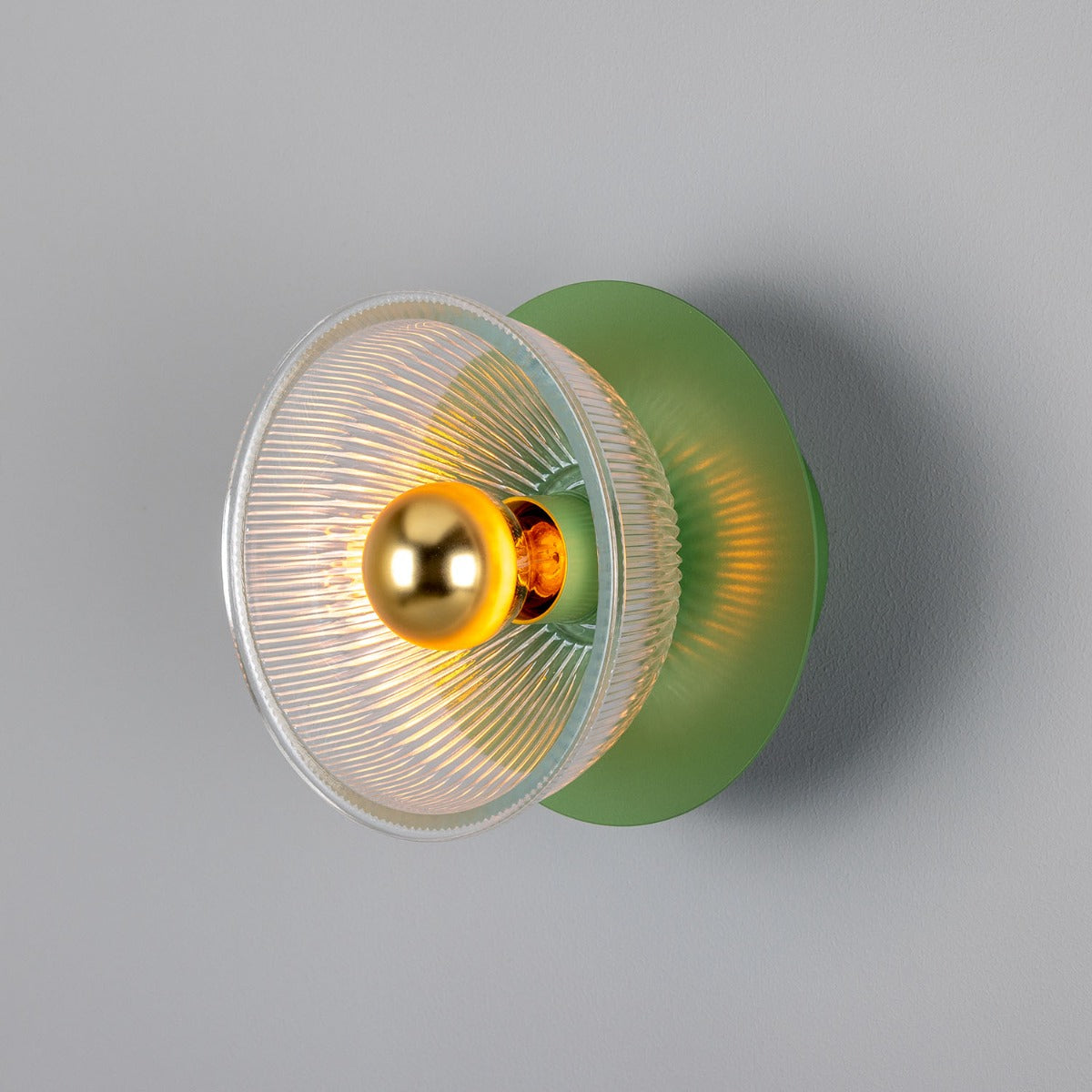 Mullan - Eclipse Coloured Brass and Prismatic Glass Dish Wall Light 20cm IP20 - Powder Coated Sage Green Finish