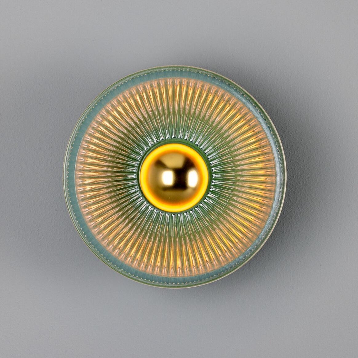 Mullan - Eclipse Coloured Brass and Prismatic Glass Dish Wall Light 20cm IP20 - Powder Coated Sage Green Finish