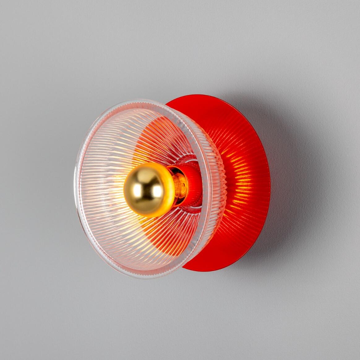 Mullan - Eclipse Coloured Brass and Prismatic Glass Dish Wall Light 20cm IP20 - Powder Coated Red Finish
