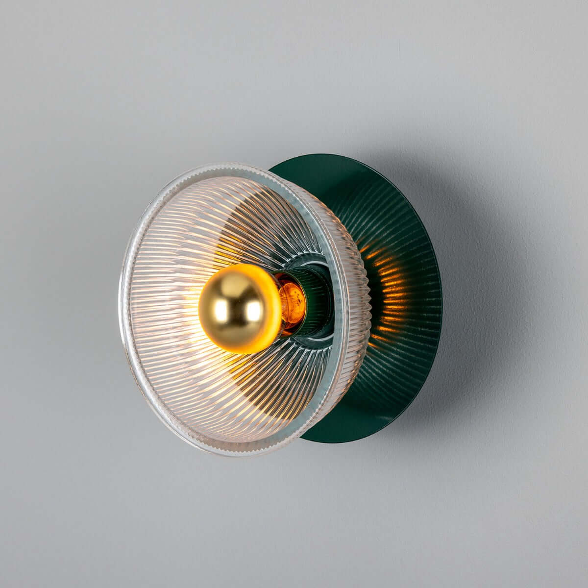 Mullan - Eclipse Coloured Brass and Prismatic Glass Dish Wall Light 20cm IP20 - Powder Coated Racing Green Finish