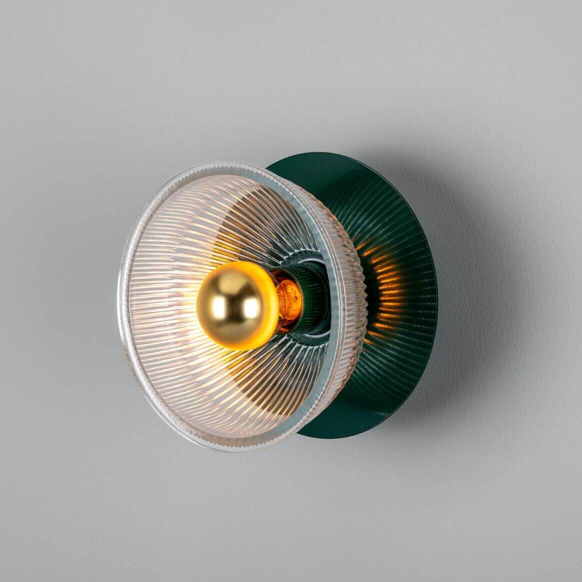 Mullan - Eclipse Coloured Brass and Prismatic Glass Dish Wall Light 20cm IP20 - Powder Coated Racing Green Finish