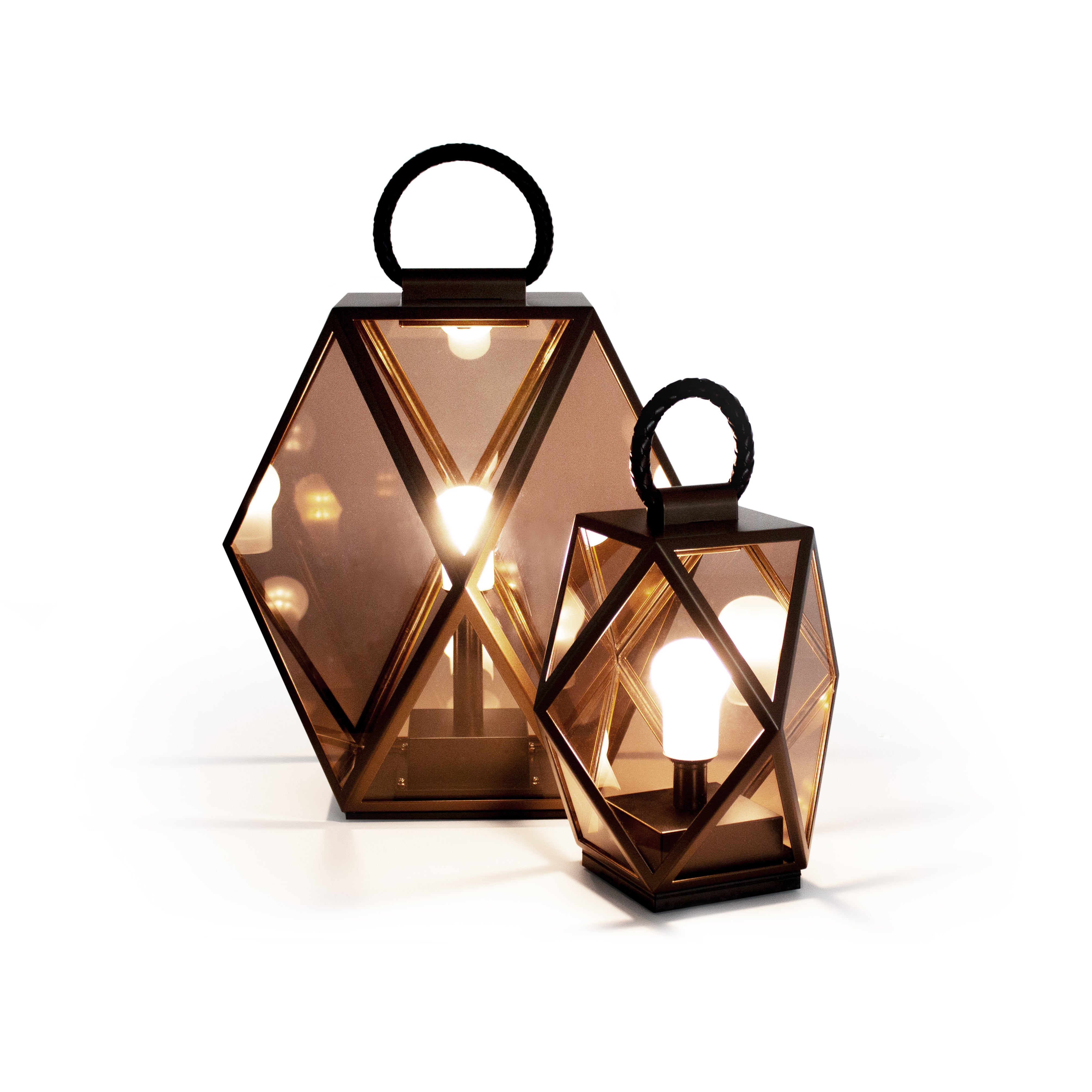 Contardi Lighting Muse Lantern Battery Floor Lamp - Medium - Bronze Lacquered Brown Braided Leather Handle - Amber Acrylic