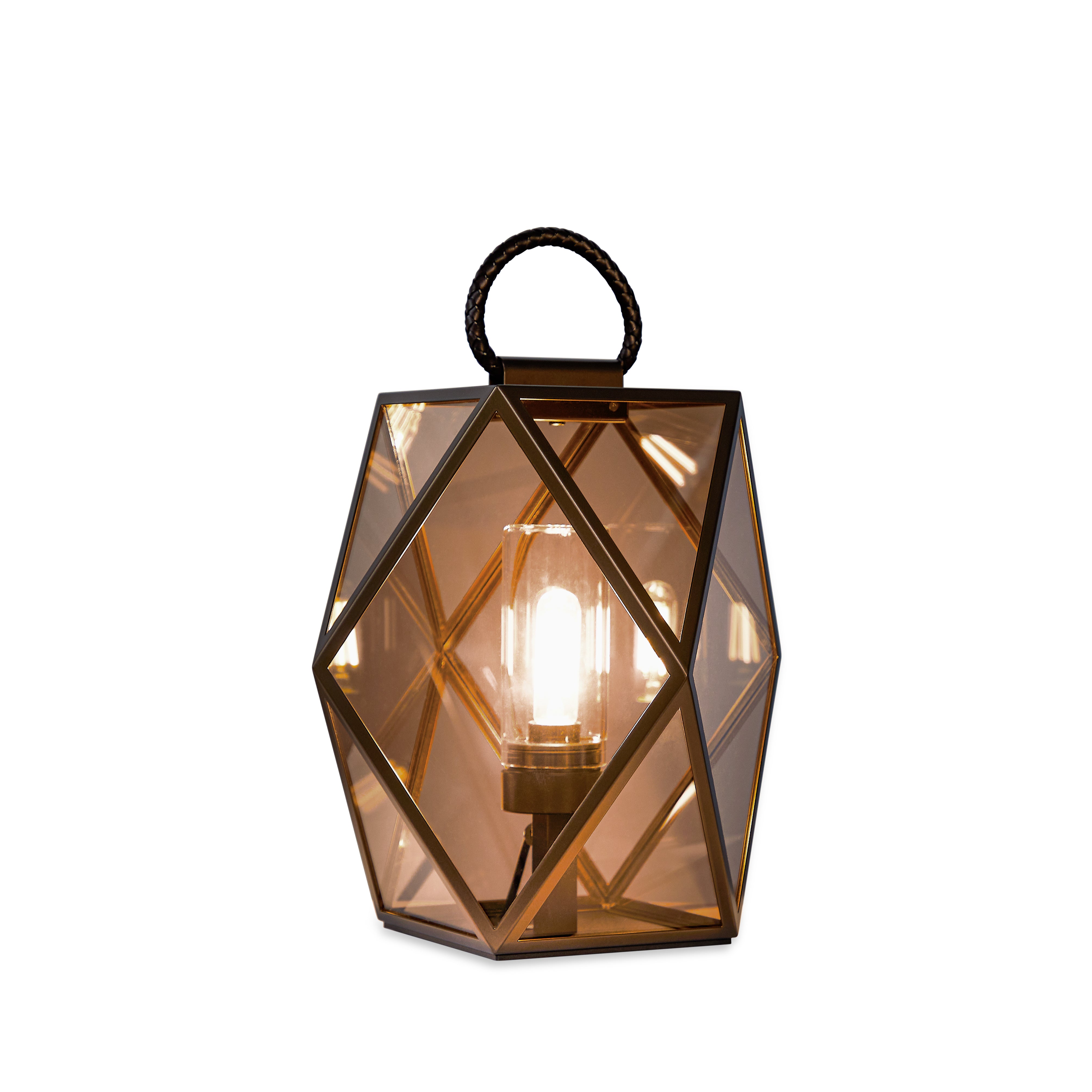 Contardi Lighting Muse Lantern Floor Lamp - Medium - Bronze Lacquered Brown Braided Leather Handle - Amber Acrylic