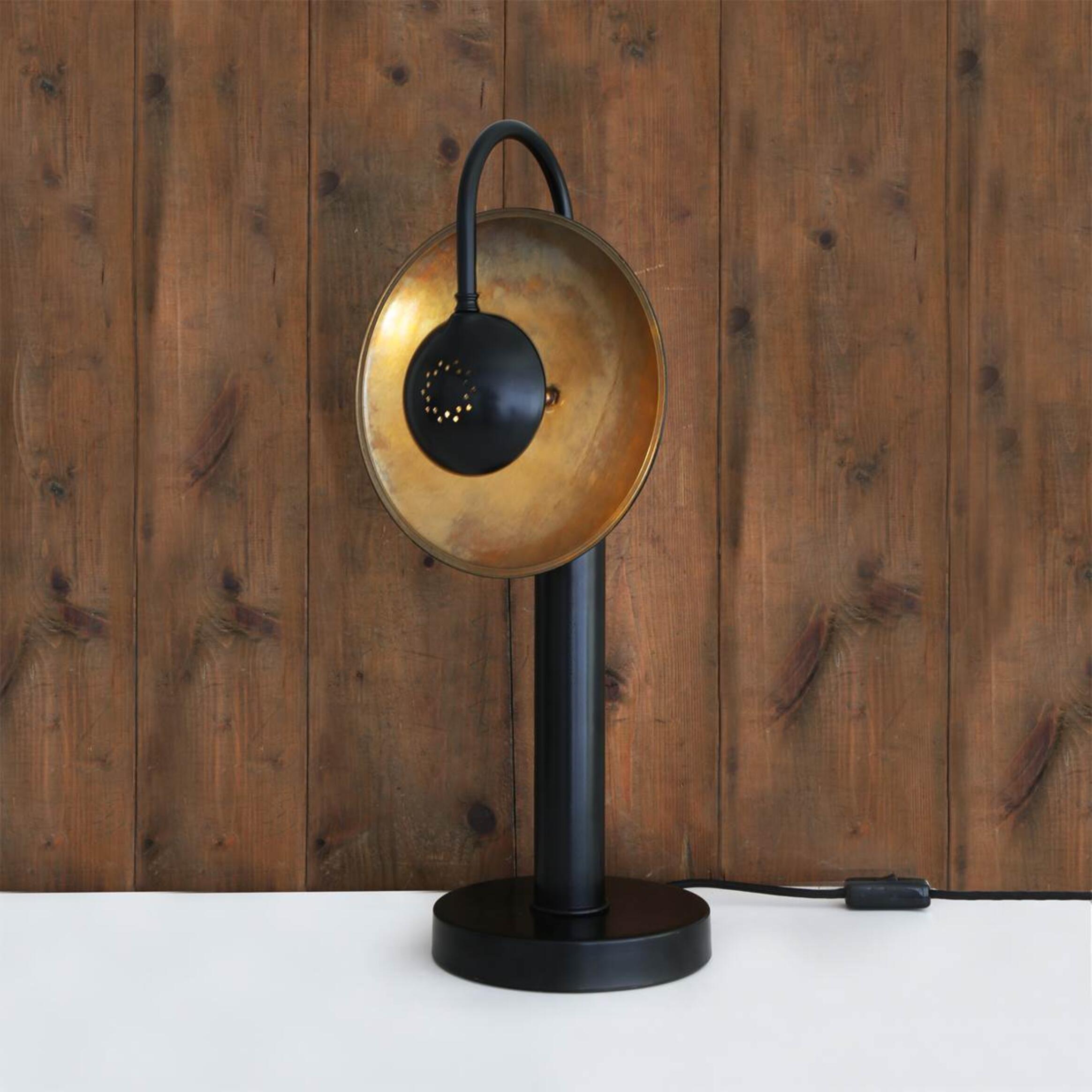 Mullan Orebro Brass Dish Pillar Table Lamp - Powder Coated Matte Black & Antique Brass Inner Finish