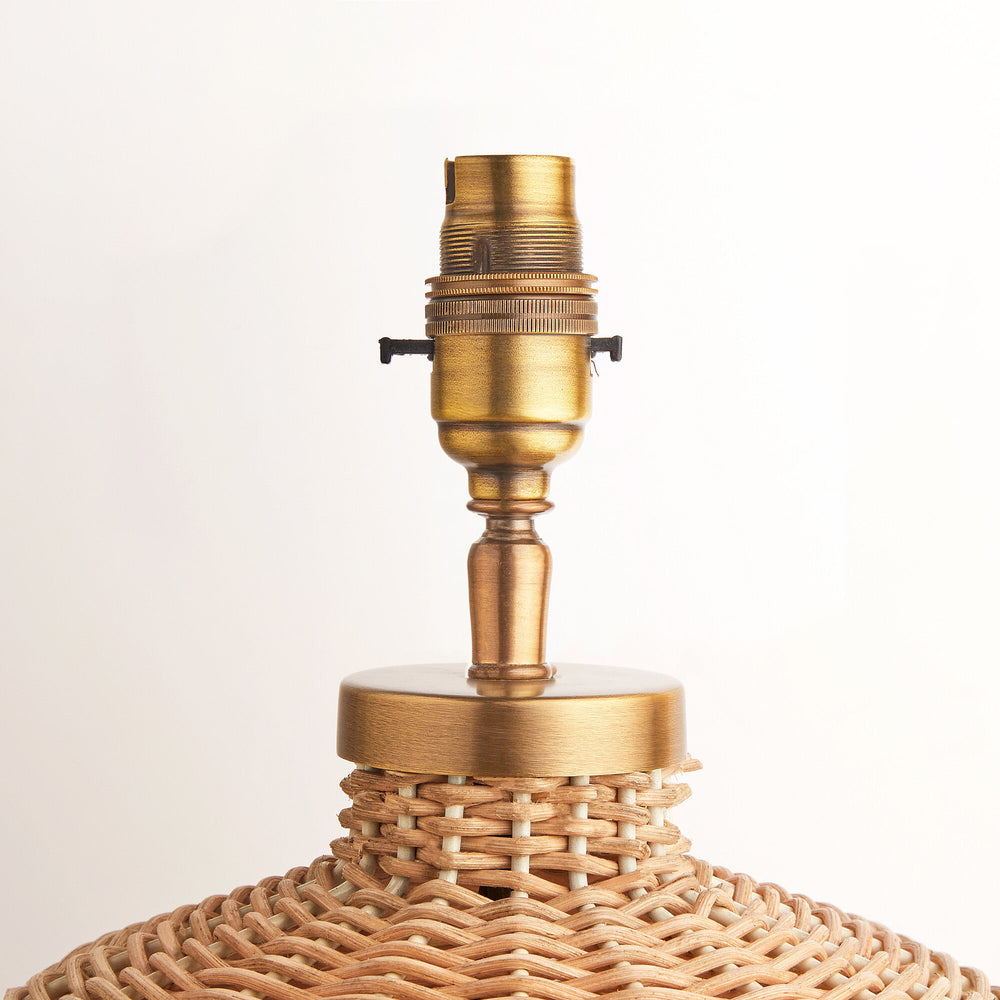 Polished brass top fitting detail on the Pooky - Regular Rattle Table Lamp Base - Natural Cane