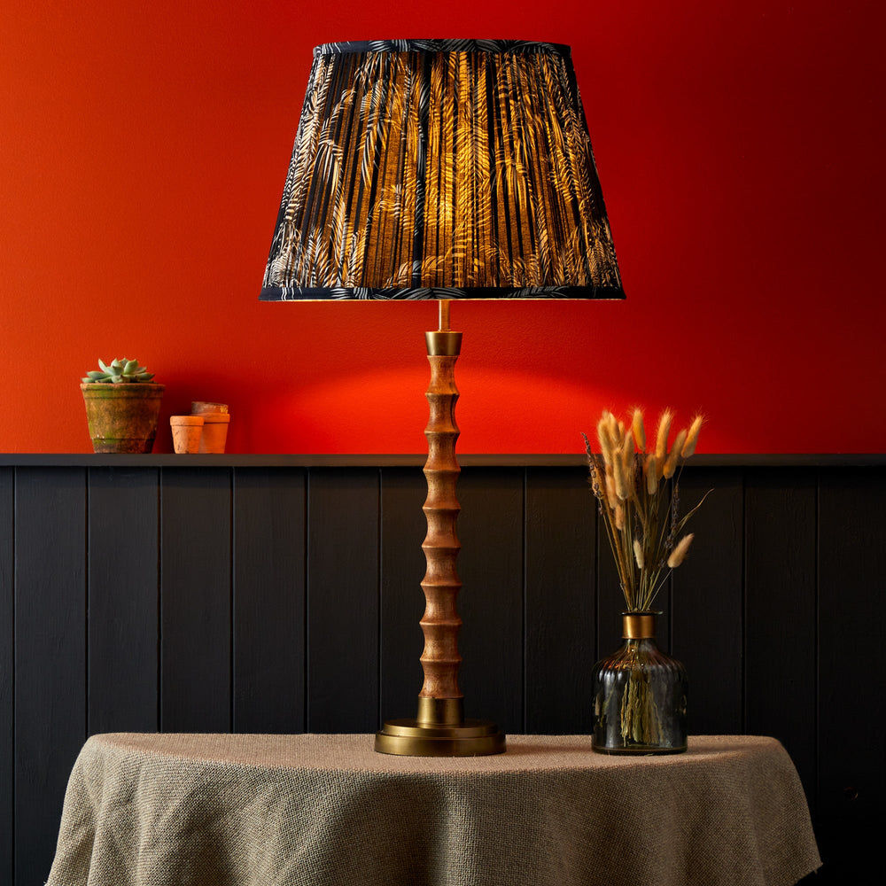 Pooky - Tinto Table Lamp Base - Natural Wood and Antique Brass with patterned shade