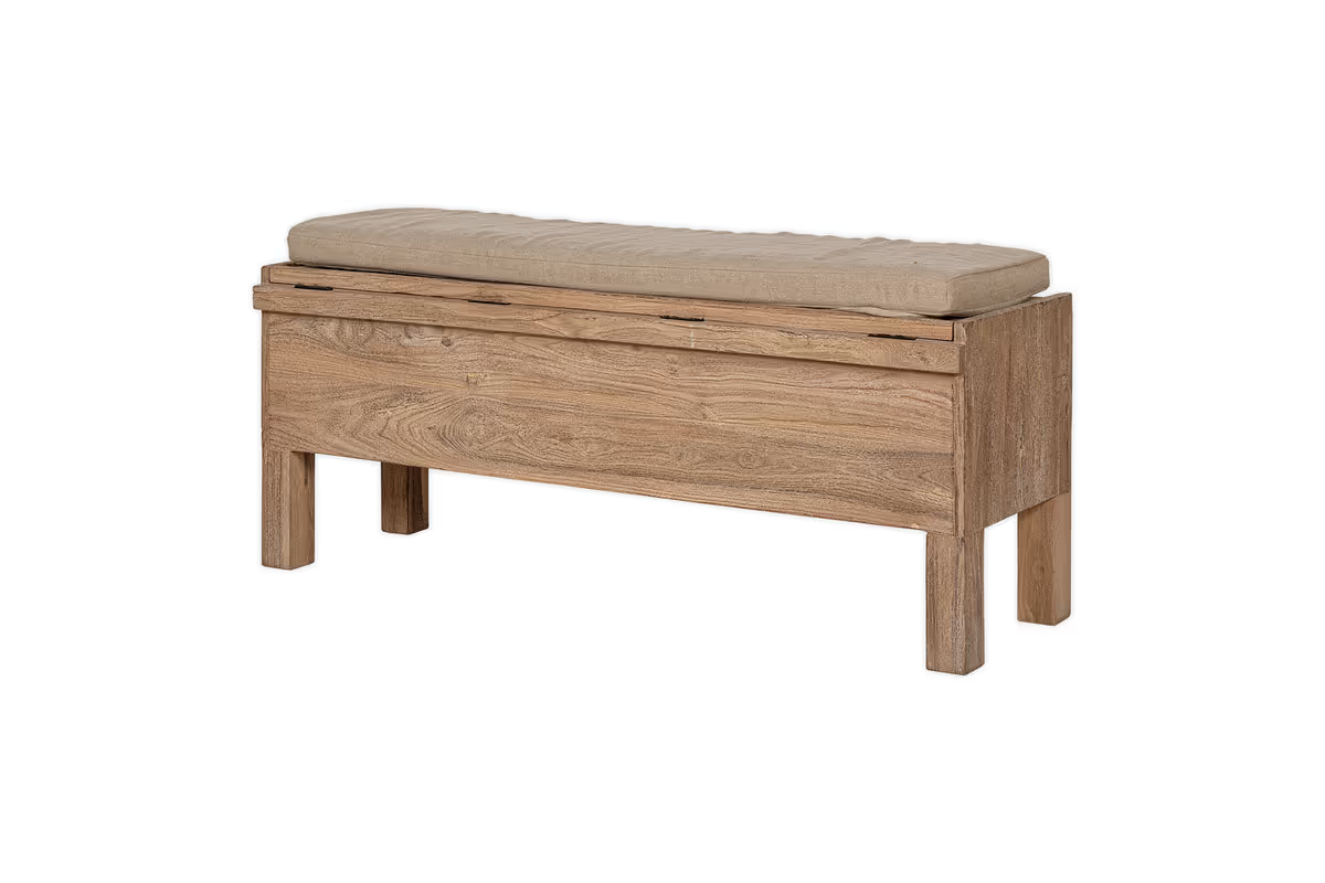Nkuku - Teni Reclaimed Wood Storage Bench with Upholstered Linen Cushion - Natural