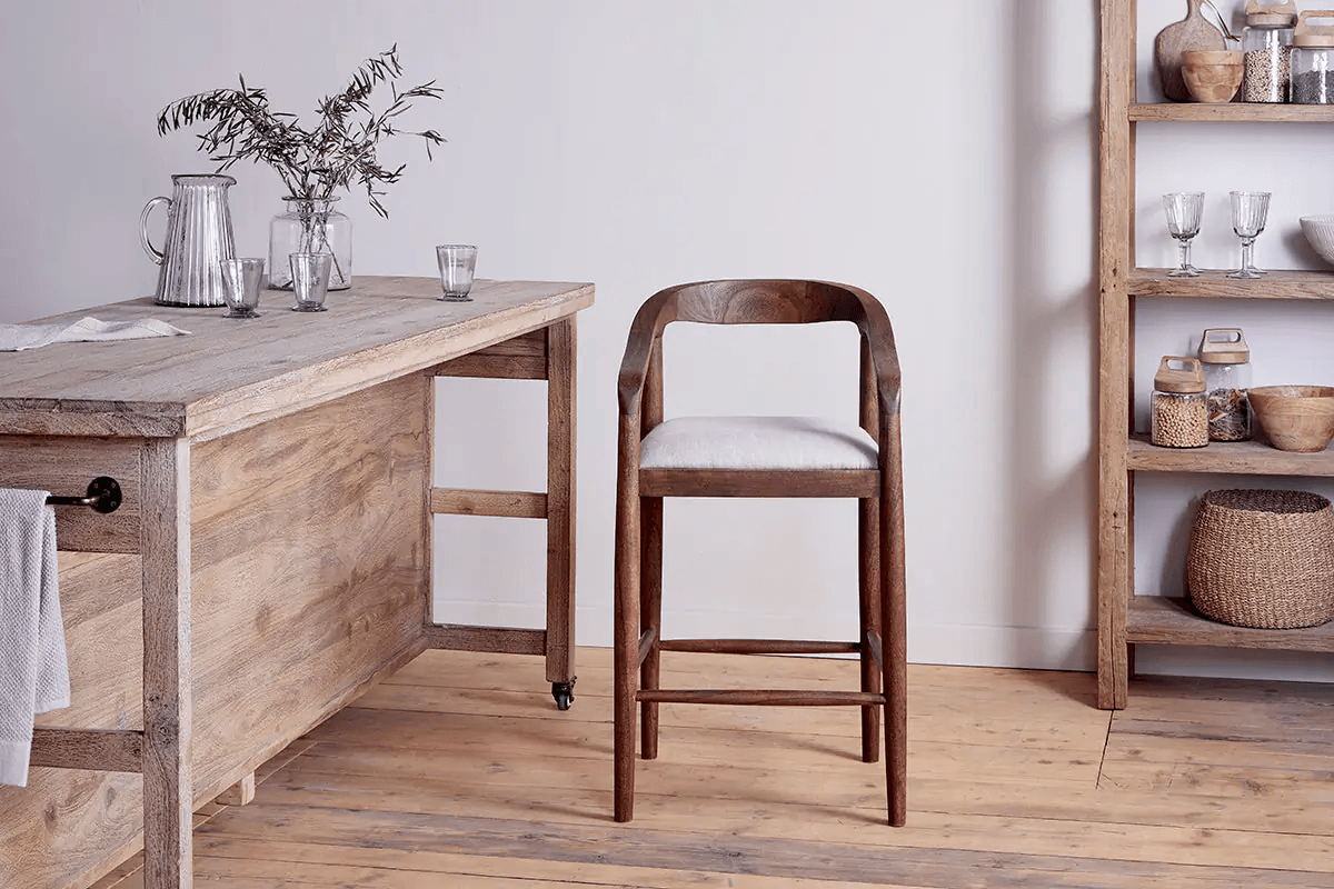 Nkuku - Anbu Acacia Upholstered Counter Chair - Washed Walnut