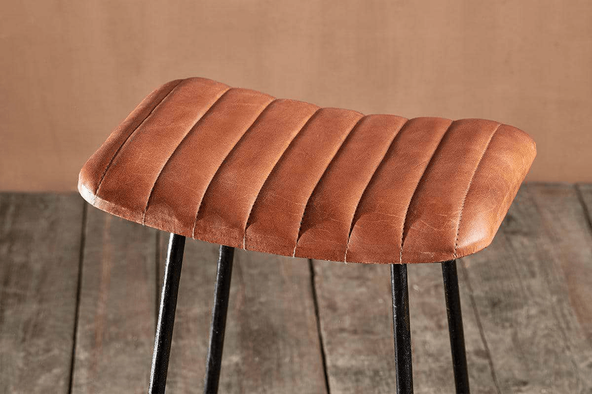 Nkuku - Narwana Ribbed Leather Stool - Aged Tan - Small