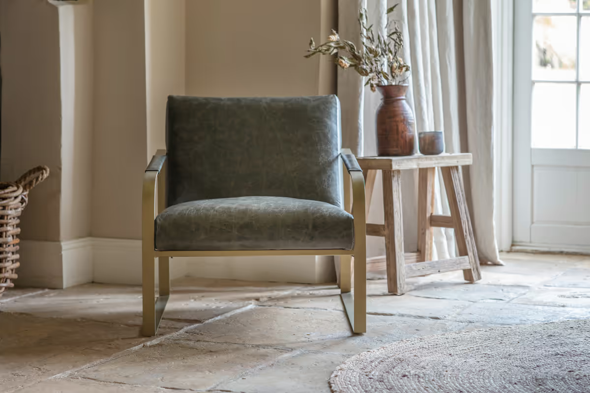 Nkuku - Adra Leather & Brass Occasional Chair - Moss Green