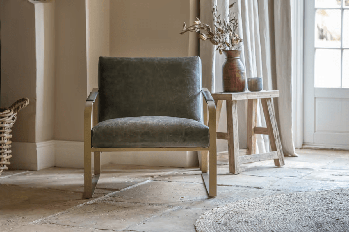 Nkuku - Adra Leather & Brass Occasional Chair - Moss Green