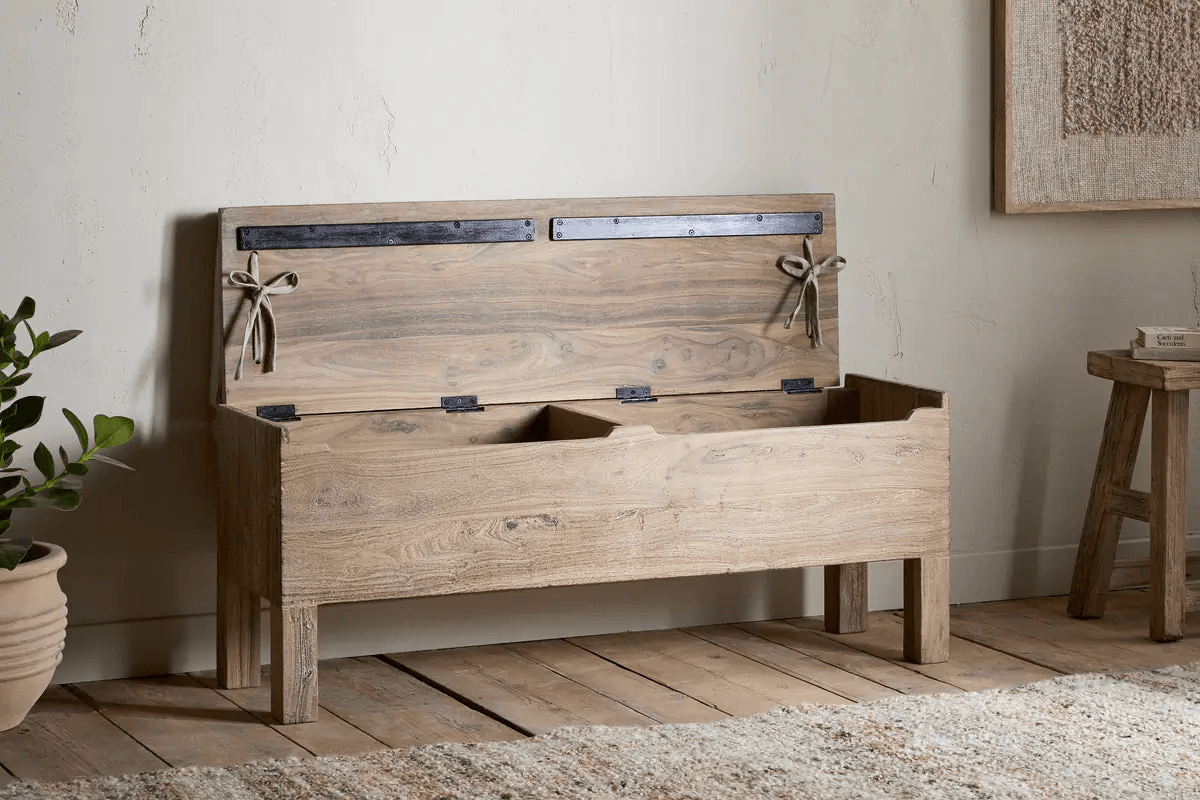 Nkuku - Teni Reclaimed Wood Storage Bench with Upholstered Linen Cushion - Natural