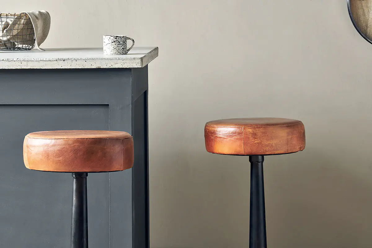 Nkuku - Narwana Leather Round Stool - Aged Tan