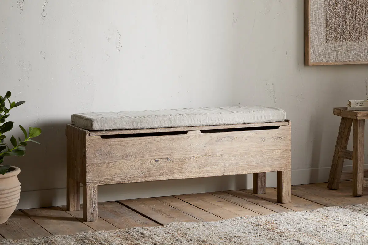 Nkuku - Teni Reclaimed Wood Storage Bench with Upholstered Linen Cushion - Natural