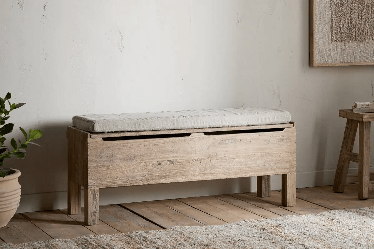 Nkuku - Teni Reclaimed Wood Storage Bench with Upholstered Linen Cushion - Natural