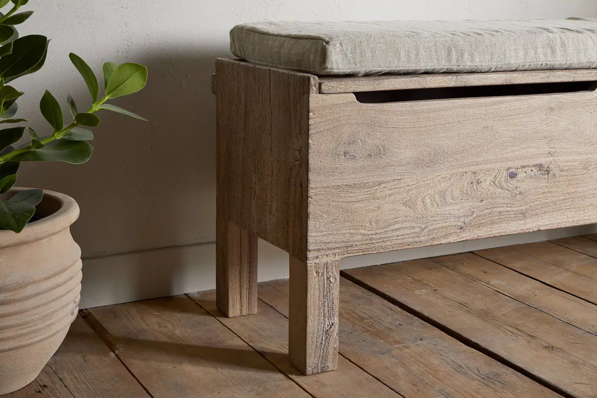 Nkuku - Teni Reclaimed Wood Storage Bench with Upholstered Linen Cushion - Natural