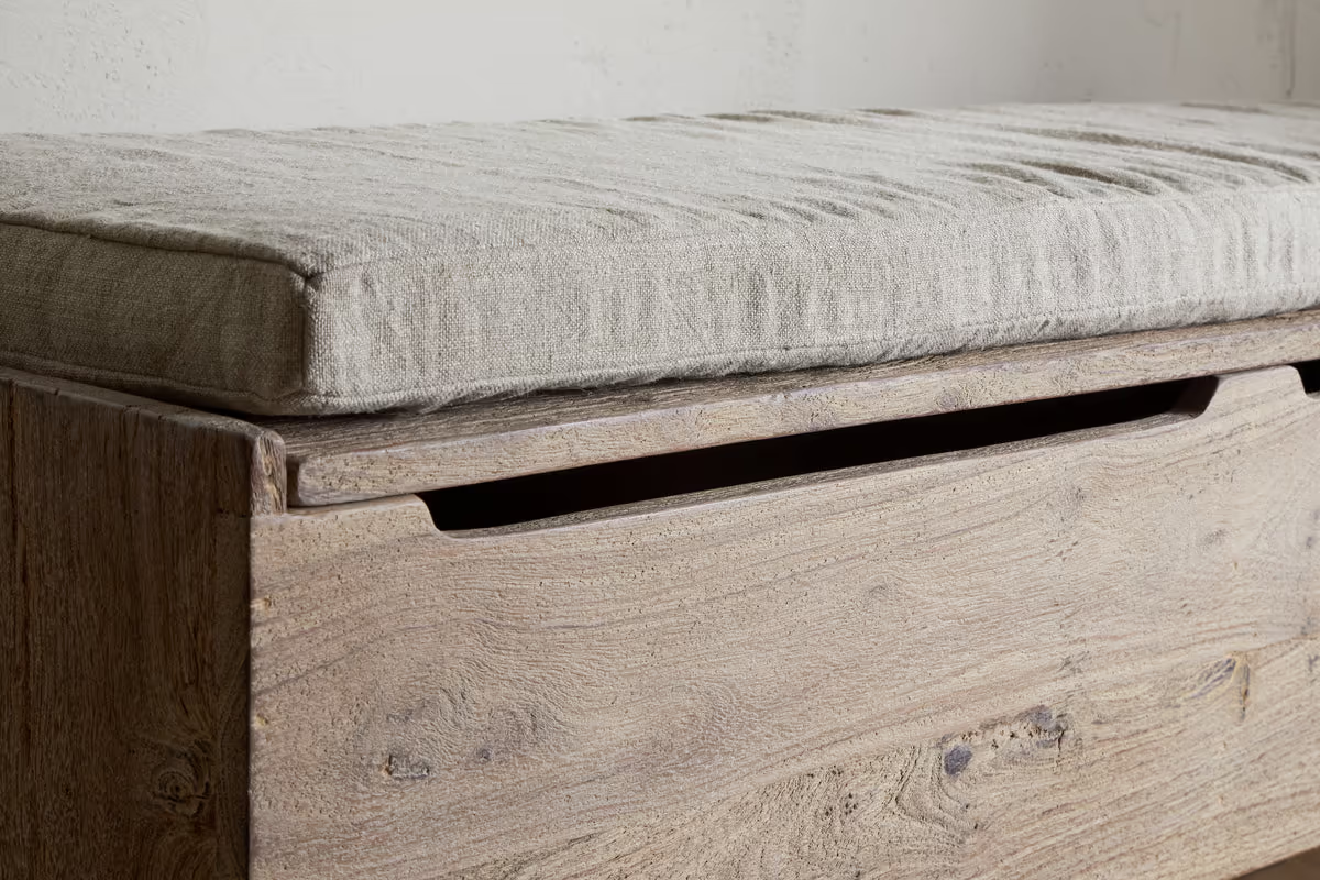 Nkuku - Teni Reclaimed Wood Storage Bench with Upholstered Linen Cushion - Natural