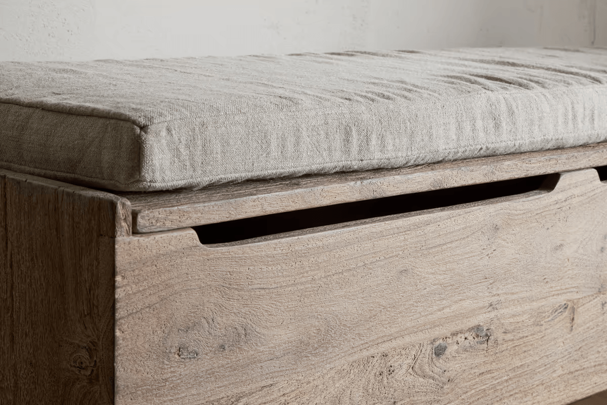 Nkuku - Teni Reclaimed Wood Storage Bench with Upholstered Linen Cushion - Natural