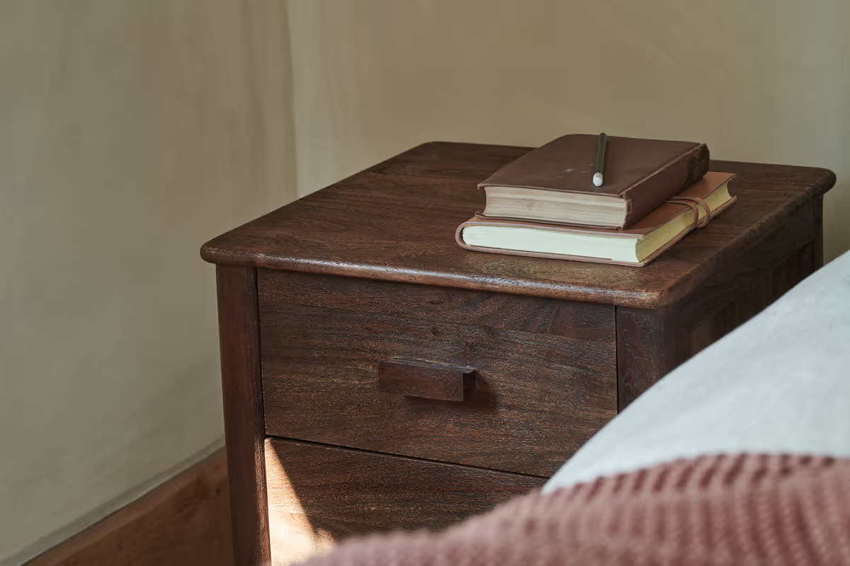 Nkuku - Anbu Acacia Bedside Table - Washed Walnut