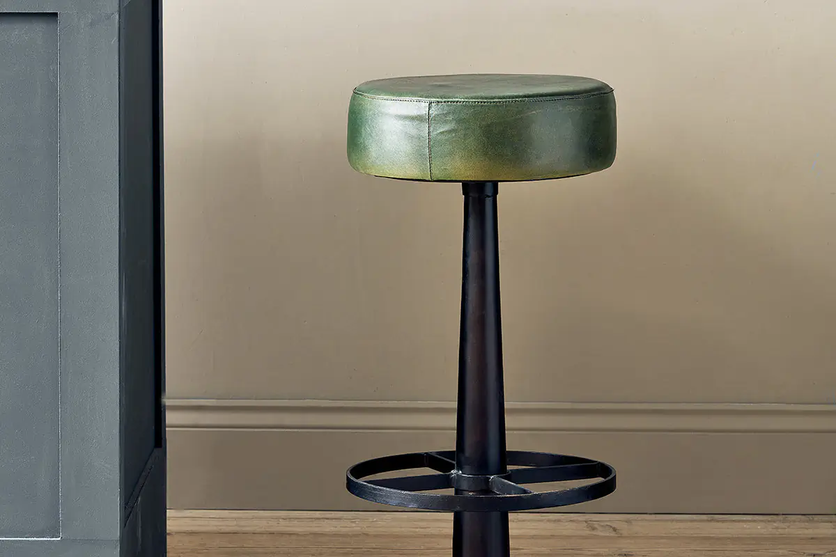 Nkuku - Narwana Leather Round Stool - Rich Green