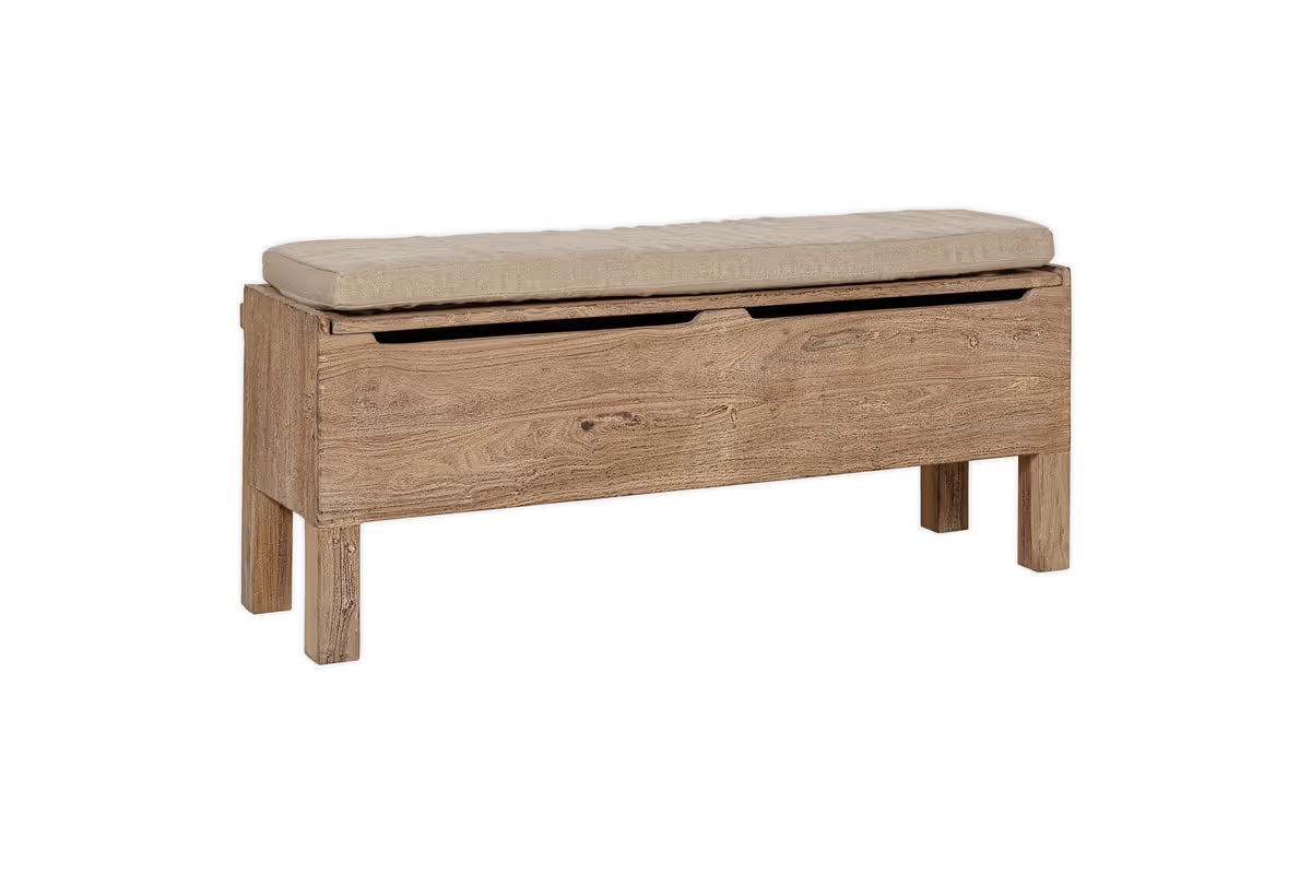 Nkuku - Teni Reclaimed Wood Storage Bench with Upholstered Linen Cushion - Natural