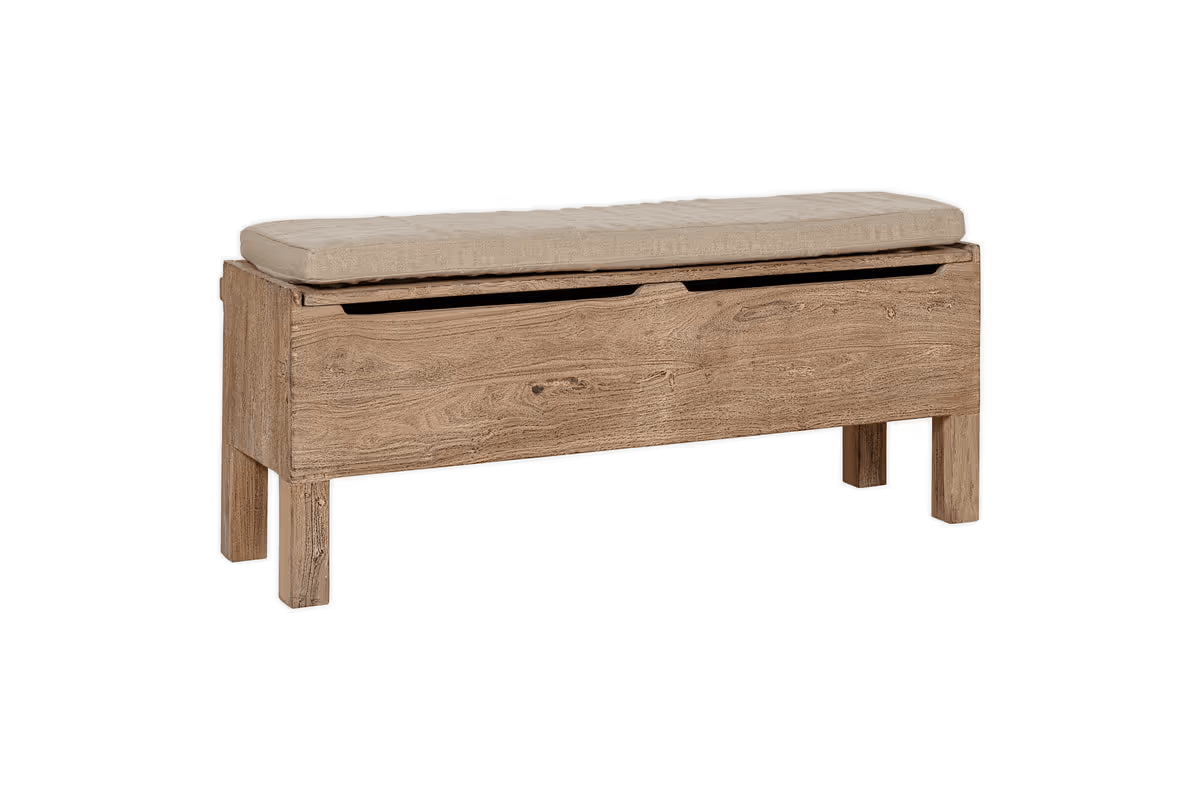 Nkuku - Teni Reclaimed Wood Storage Bench with Upholstered Linen Cushion - Natural