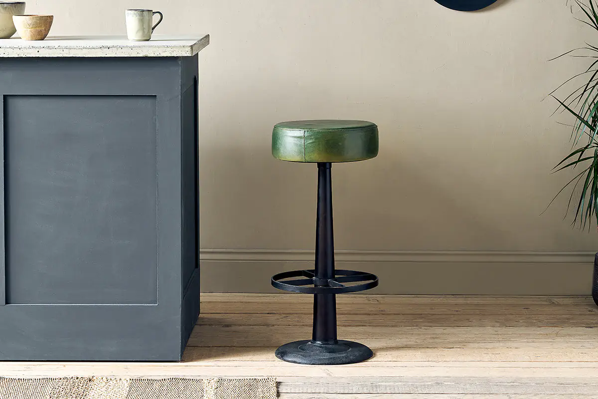 Nkuku - Narwana Leather Round Stool - Rich Green