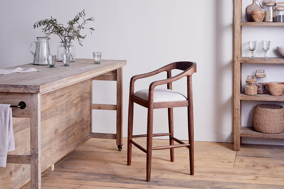 Nkuku - Anbu Acacia Upholstered Counter Chair - Washed Walnut