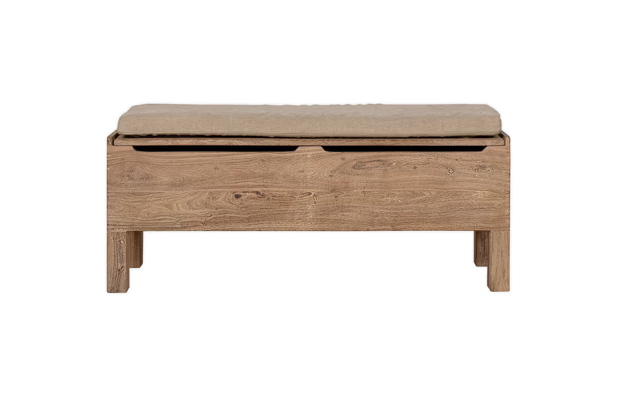 Nkuku - Teni Reclaimed Wood Storage Bench with Upholstered Linen Cushion - Natural