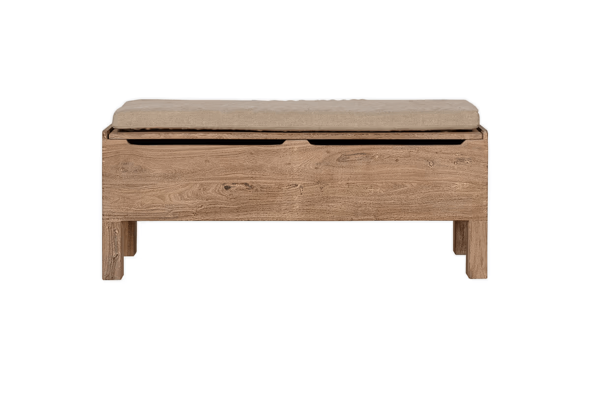 Nkuku - Teni Reclaimed Wood Storage Bench with Upholstered Linen Cushion - Natural
