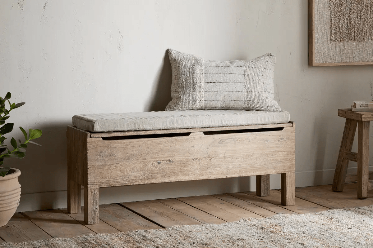 Nkuku - Teni Reclaimed Wood Storage Bench with Upholstered Linen Cushion - Natural