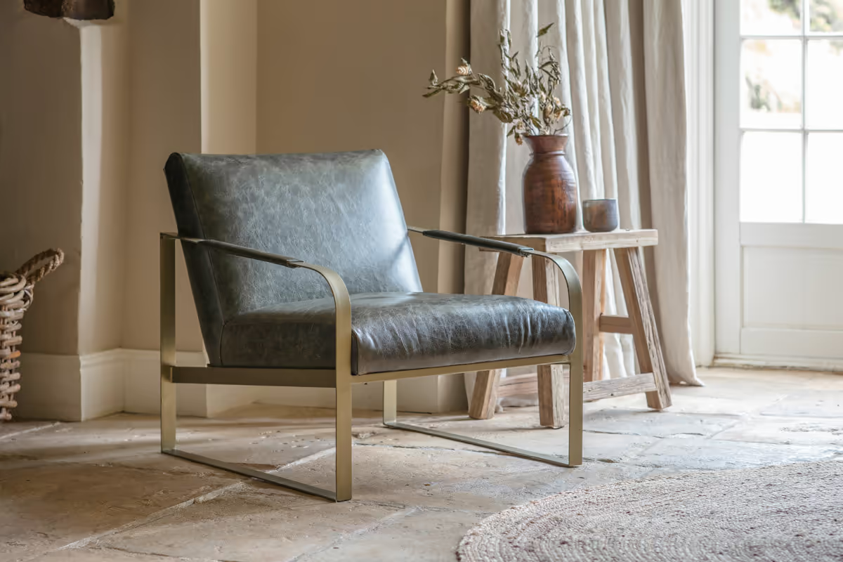 Nkuku - Adra Leather & Brass Occasional Chair - Moss Green