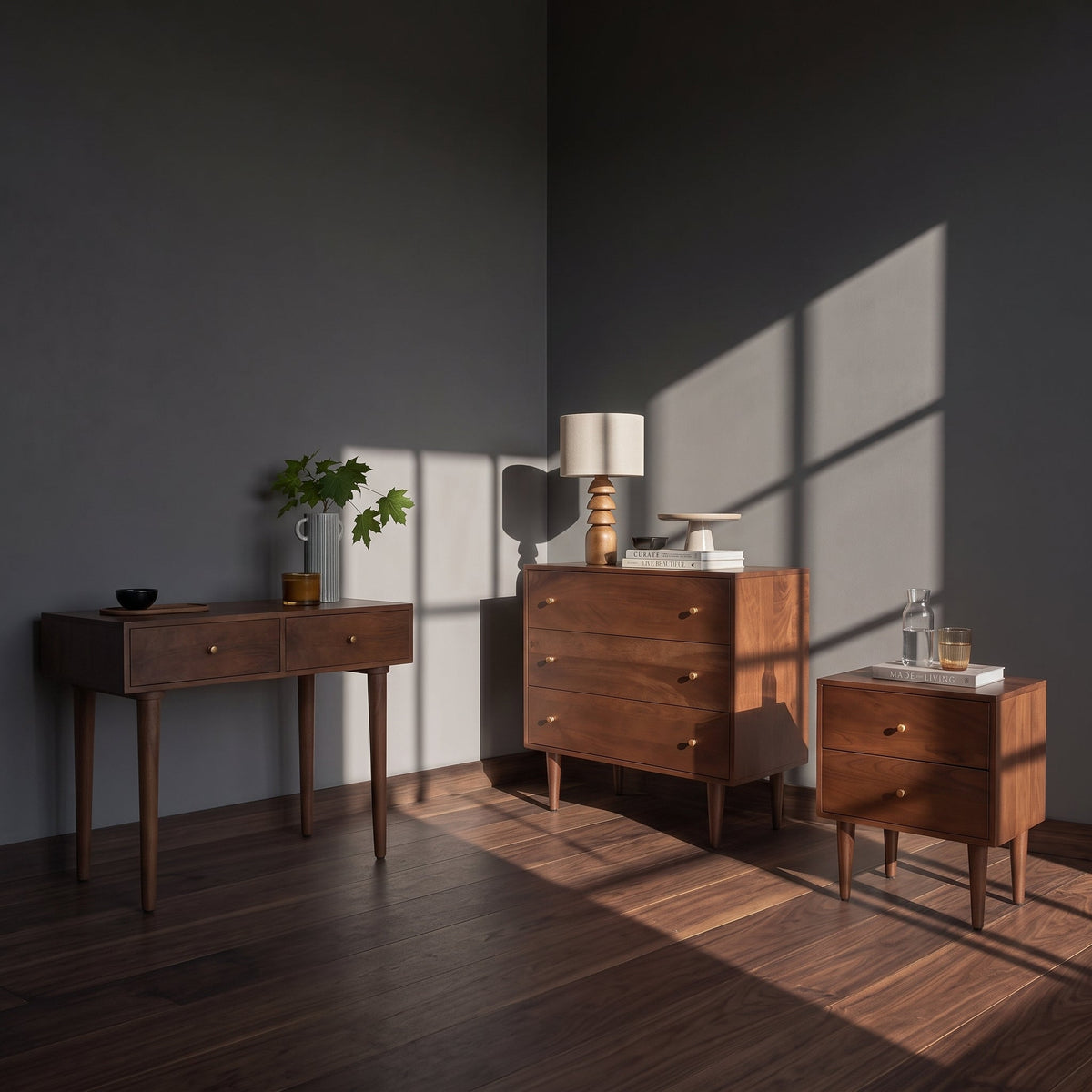 Fishe & Lilly Scandinavian Walnut Oslo Console, Dressing Table, and Desk